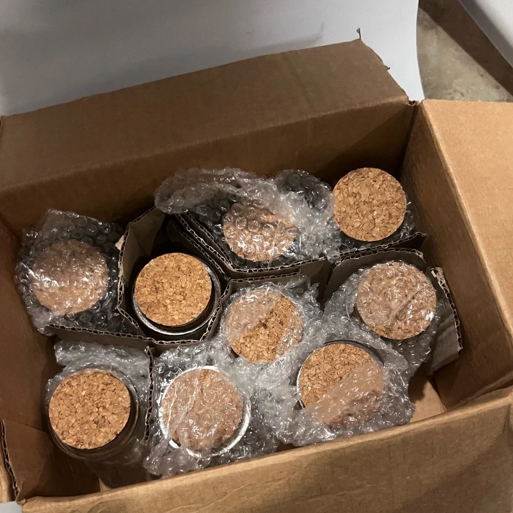 9 Glass Jars with Cork Lids twine, and organic labels